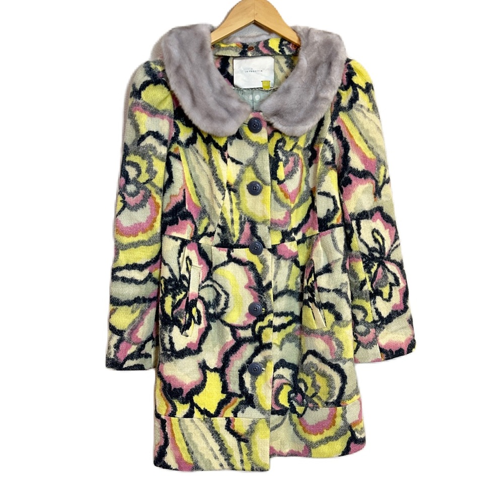 Anthropologie Leifsdottir Floral Wool Coat Faux Fur Collar Women’s Sz 8